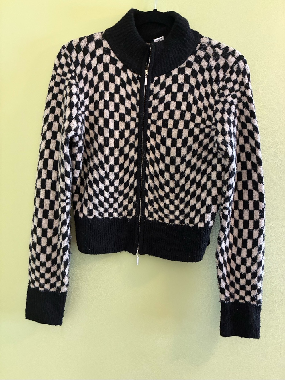 William Rast Black & Cream Checker Knit Zip Sweater